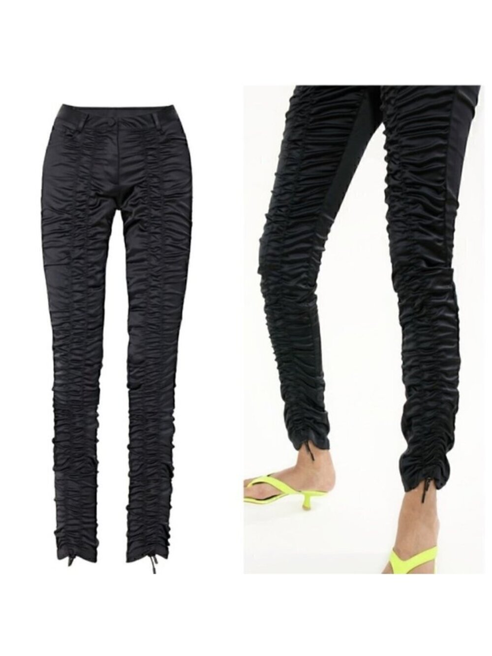 Ruve Loe Black Satin Ruched Skinny Slim Pants - Small